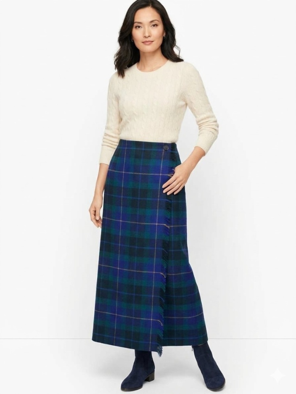 Talbots Black Watch Tartan Plaid Fringed Wool Wrap A-Line Maxi Kilt Skirt Preppy